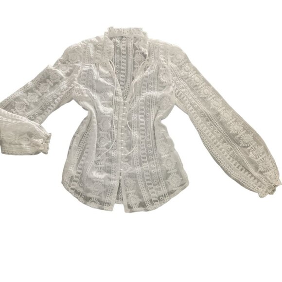 Sheer White Embroidered Faux-Pearl Button Down Blouse 112L - Picture 6 of 7